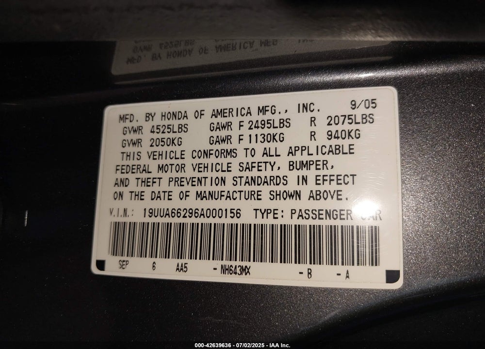 2006 ACURA TL VIN: 19UUA66296A000156