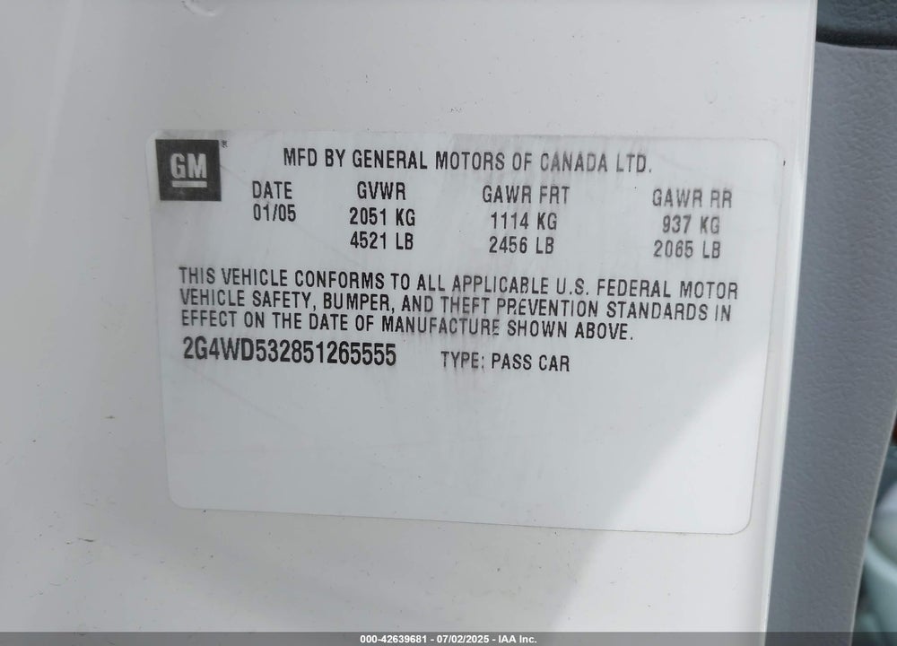 2005 BUICK LACROSSE CXL VIN: 2G4WD532851265555