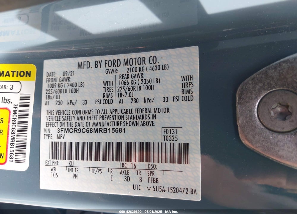 2021 FORD BRONCO SPORT VIN: 3FMCR9C68MRB15681