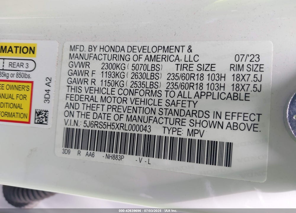 2024 HONDA CR-V VIN: 5J6RS5H5XRL000043