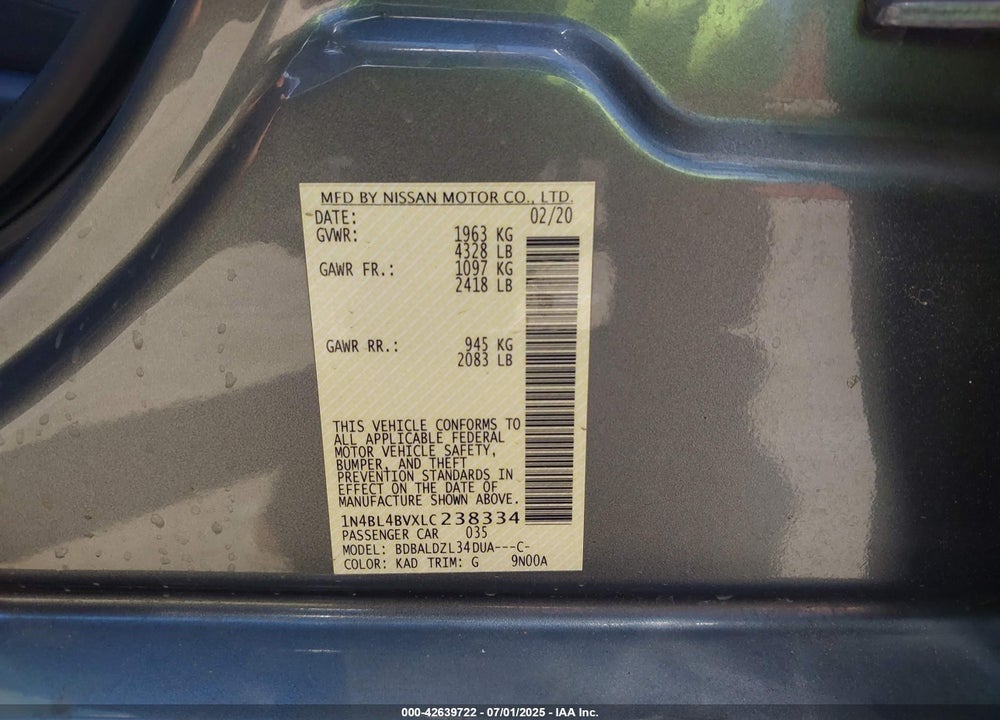 2020 NISSAN ALTIMA VIN: 1N4BL4BVXLC238334