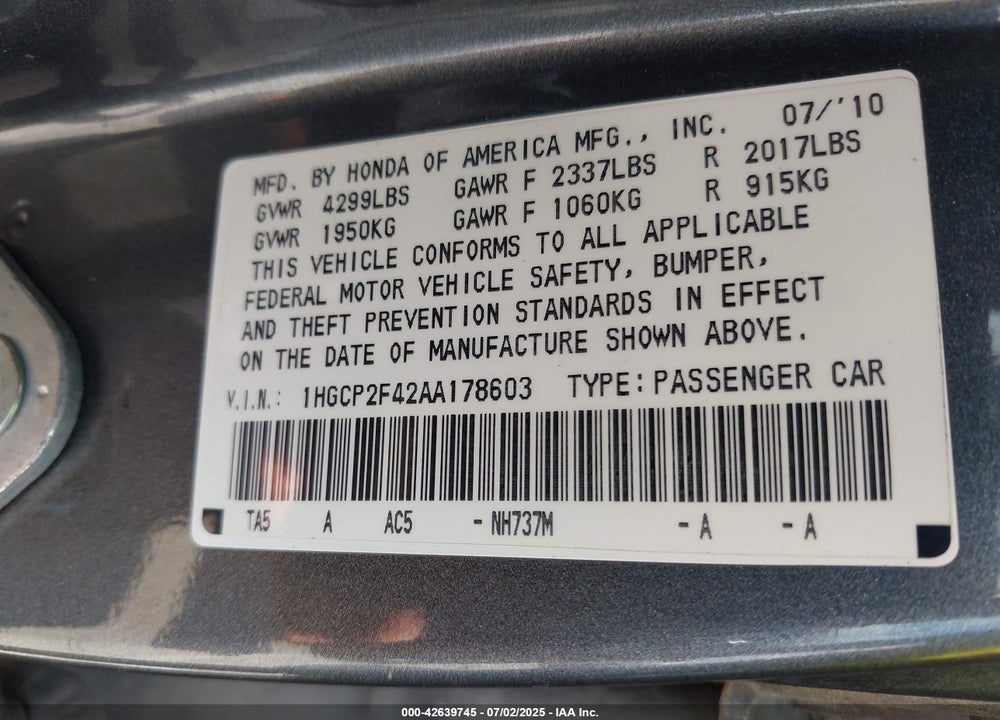 2010 HONDA ACCORD VIN: 1HGCP2F42AA178603