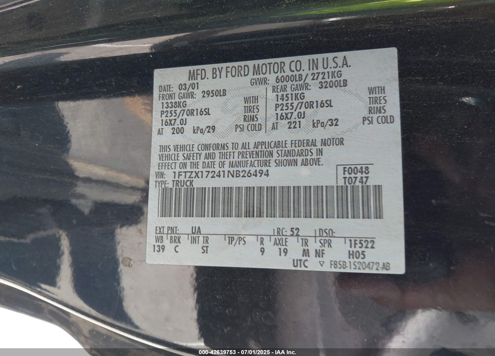 2001 FORD F-150 XL/XLT VIN: 1FTZX17241NB26494