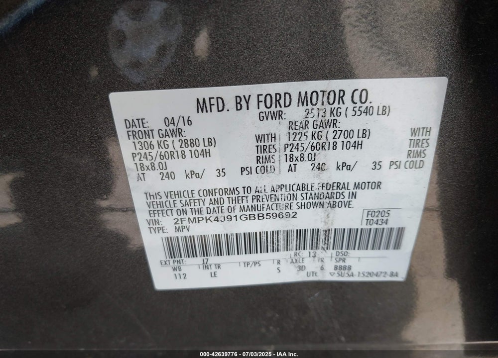 2016 FORD EDGE VIN: 2FMPK4J91GBB59692