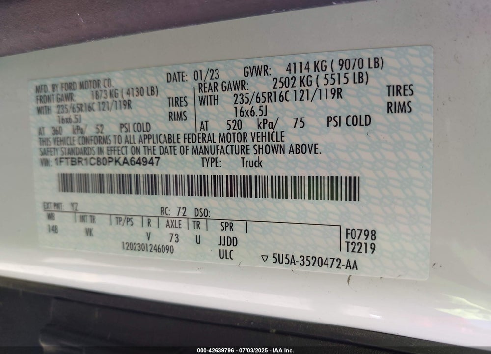 2023 FORD TRANSIT-250 VIN: 1FTBR1C80PKA64947