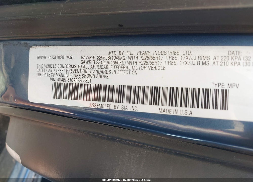 2008 SUBARU OUTBACK VIN: 4S4BP61C987305821