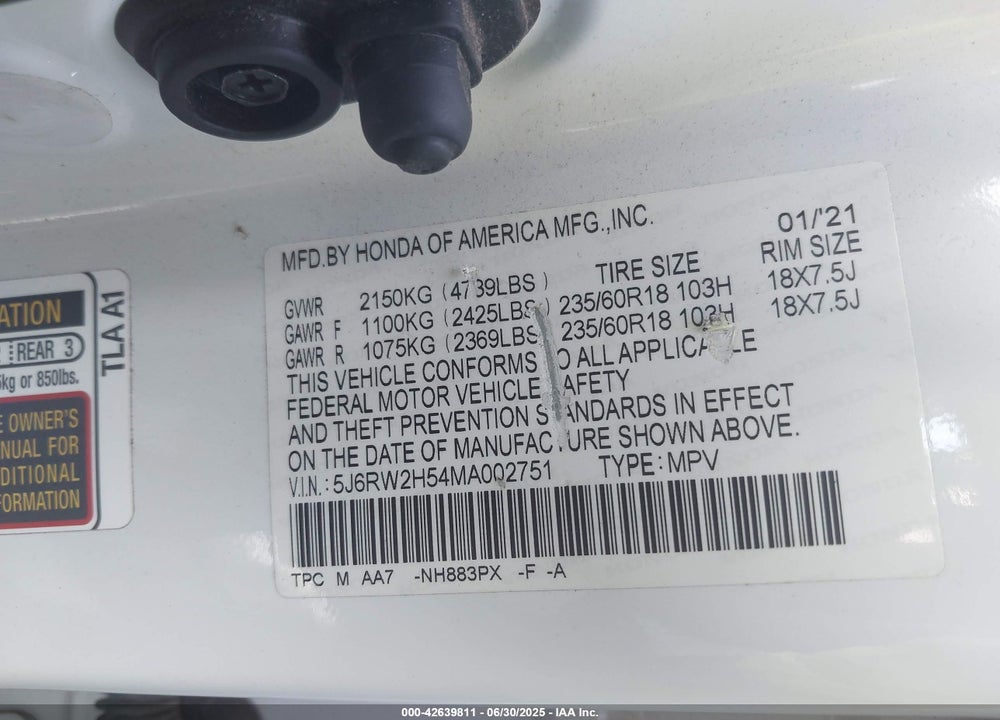 2021 HONDA CRV VIN: 5J6RW2H54MA002751