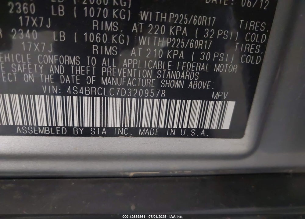 2013 SUBARU OUTBACK VIN: 4S4BRCLC7D3209578