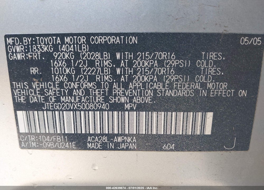 2005 TOYOTA RAV4 VIN: JTEGD20VX50080940