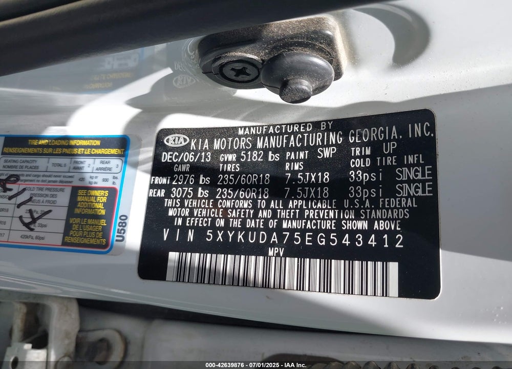 2014 KIA SORENTO EX V6 VIN: 5XYKUDA75EG543412