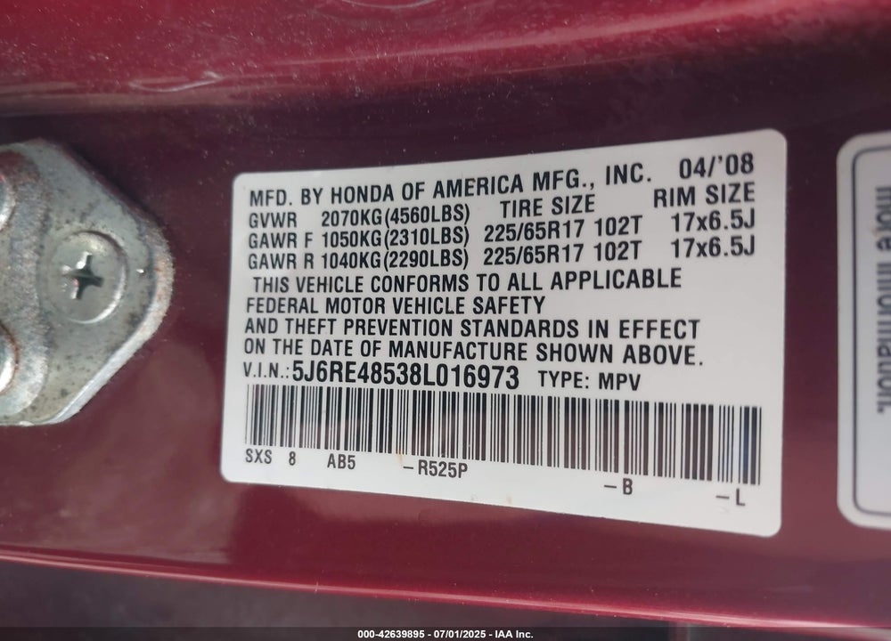 2008 HONDA CR-V VIN: 5J6RE48538L016973