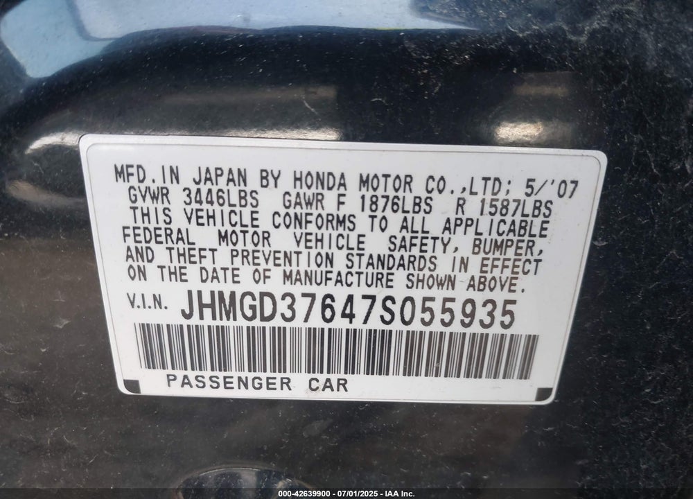 2007 HONDA FIT SPORT VIN: JHMGD37647S055935