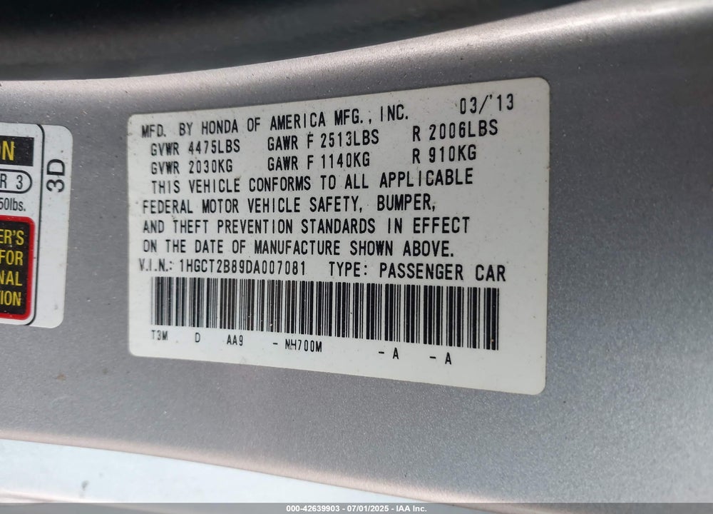 2013 HONDA ACCORD VIN: 1HGCT2B89DA007081
