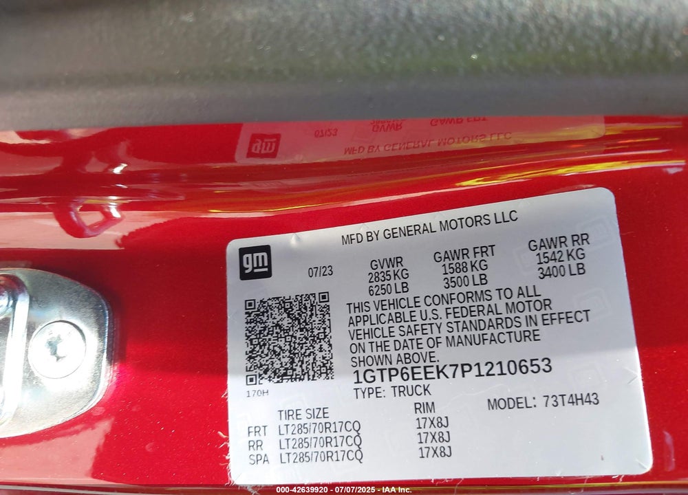 2023 GMC CANYON 4WD  SHORT BOX AT4X VIN: 1GTP6EEK7P1210653