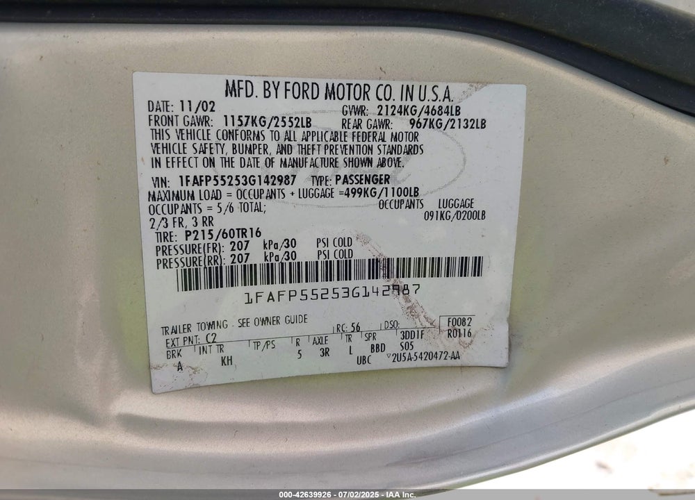 2003 FORD TAURUS SES VIN: 1FAFP55253G142987