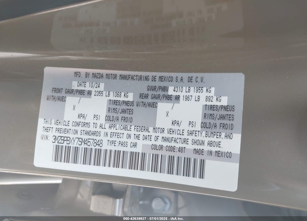 2025 MAZDA 3 VIN: 3MZBPBXY7SM457848