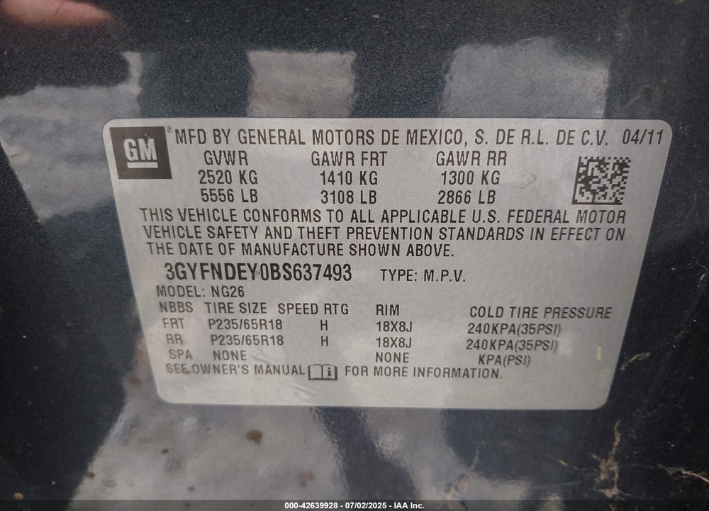 2011 CADILLAC SRX VIN: 3GYFNDEY0BS637493