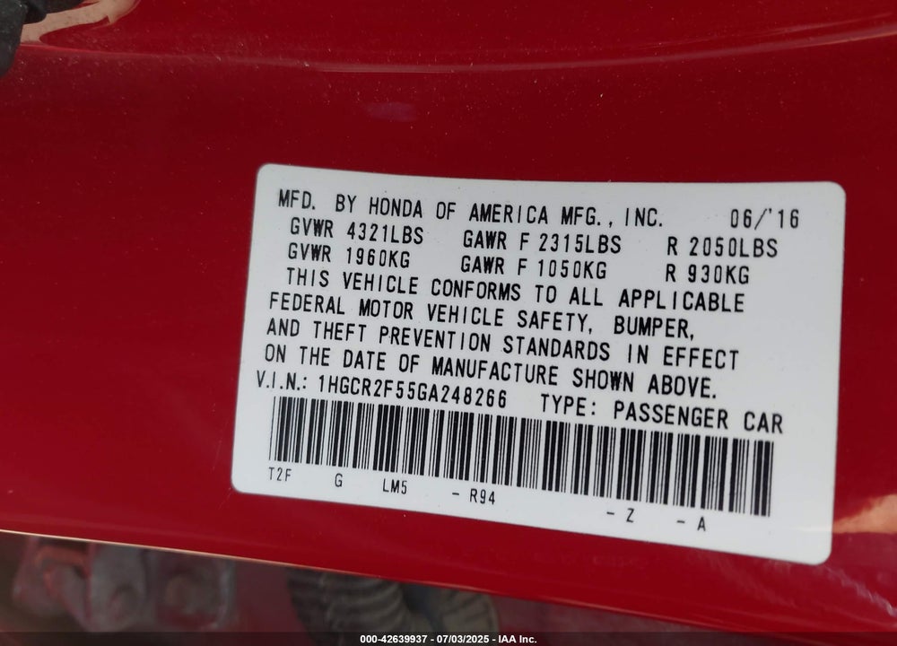 2016 HONDA ACCORD VIN: 1HGCR2F55GA248266
