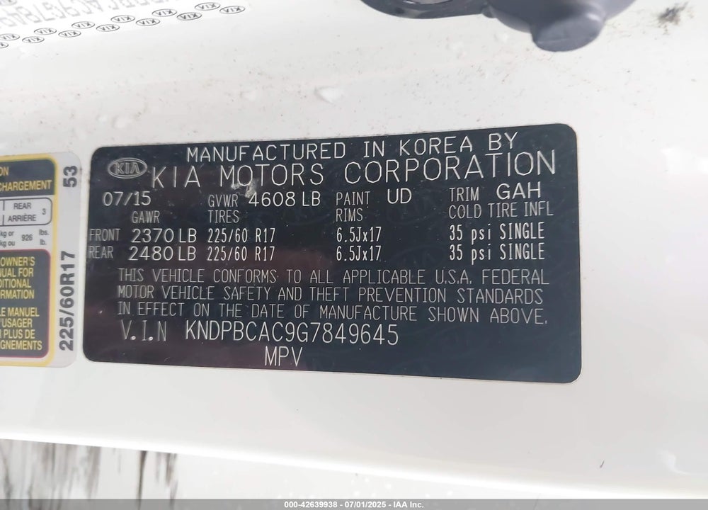 2016 KIA SPORTAGE VIN: KNDPBCAC9G7849645