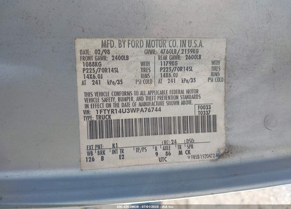 1998 FORD RANGER SPLASH/XL/XLT VIN: 1FTYR14U3WPA76744