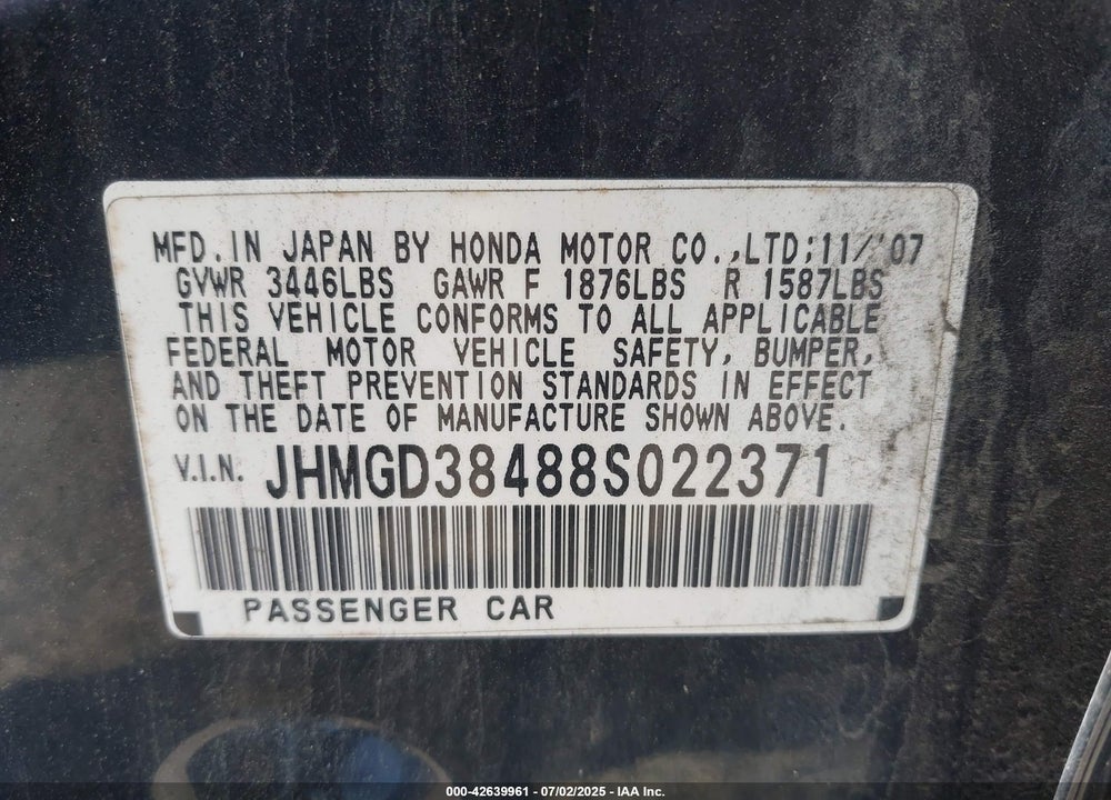 2008 HONDA FIT VIN: JHMGD38488S022371