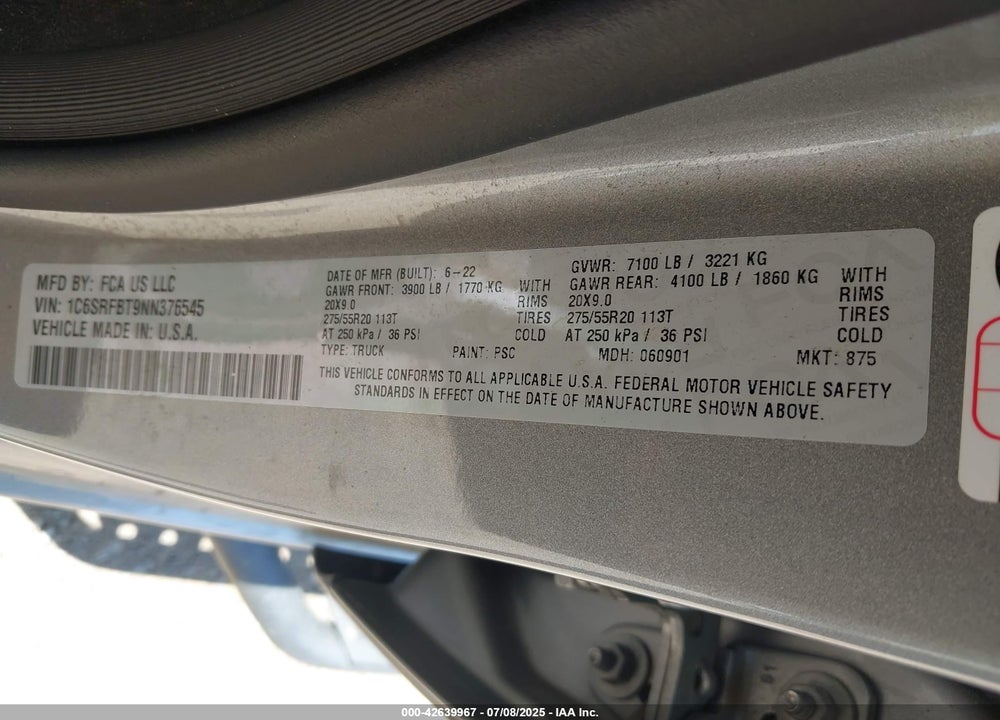 2022 RAM 1500 VIN: 1C6SRFBT9NN376545