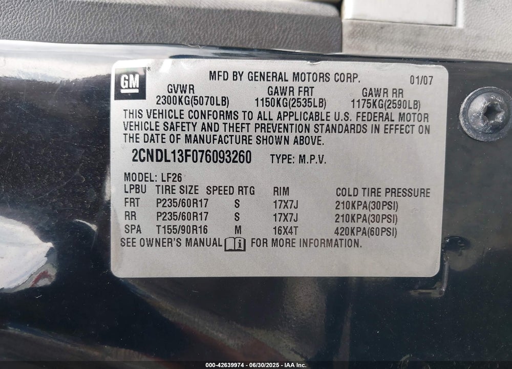 2007 CHEVROLET EQUINOX LS VIN: 2CNDL13F076093260
