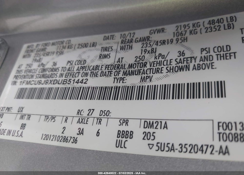 2013 FORD ESCAPE TITANIUM VIN: 1FMCU9J9XDUB51442