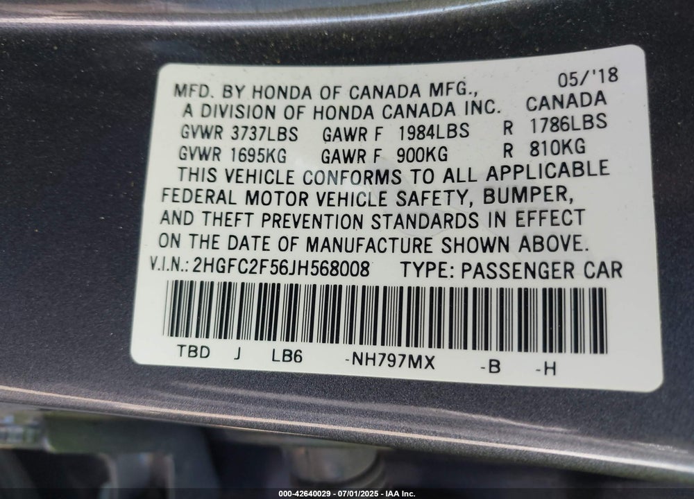 2018 HONDA CIVIC VIN: 2HGFC2F56JH568008