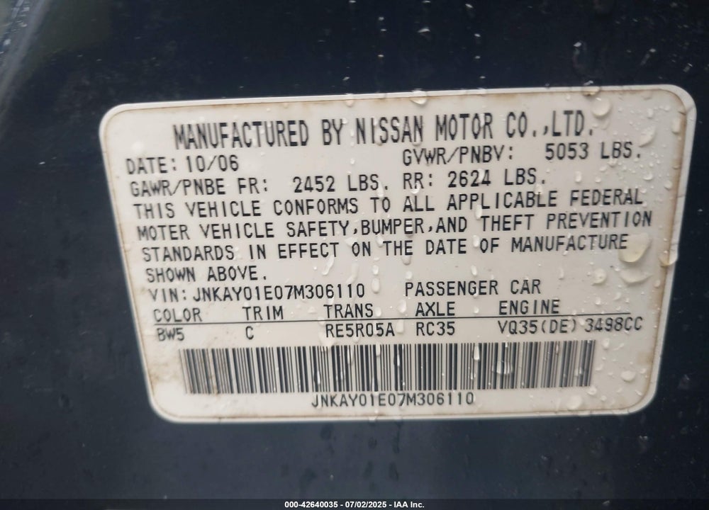 2007 INFINITI M35 VIN: JNKAY01E07M306110