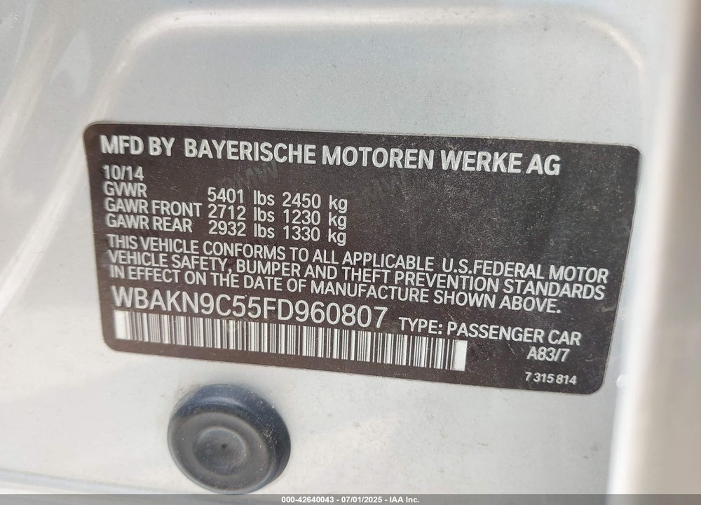 2015 BMW 550I VIN: WBAKN9C55FD960807