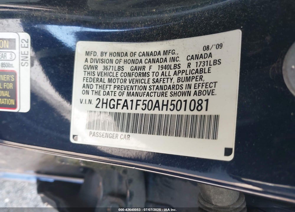 2010 HONDA CIVIC VIN: 2HGFA1F50AH501081