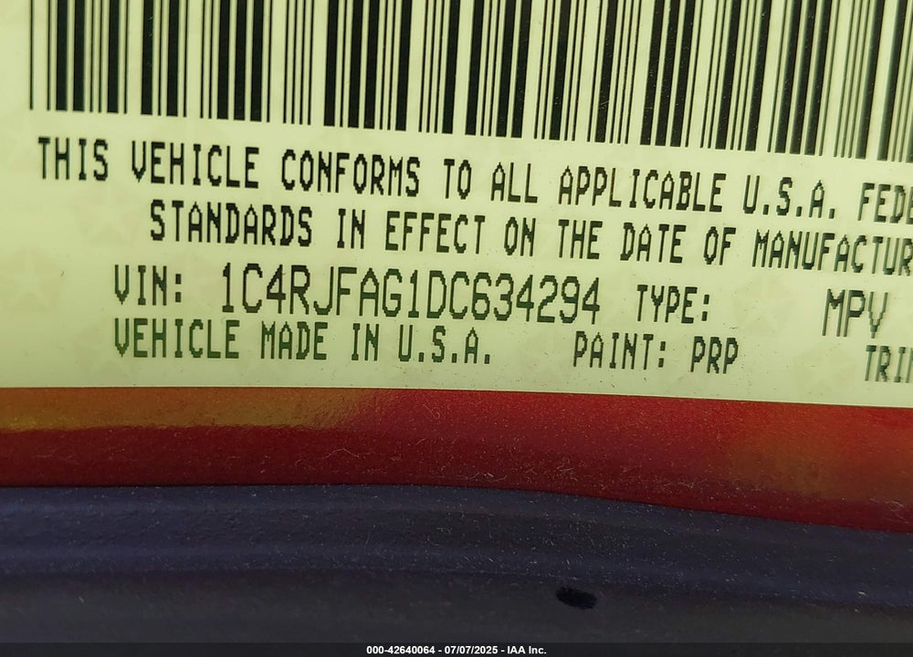 2013 JEEP GRAND CHEROKEE VIN: 1C4RJFAG1DC634294