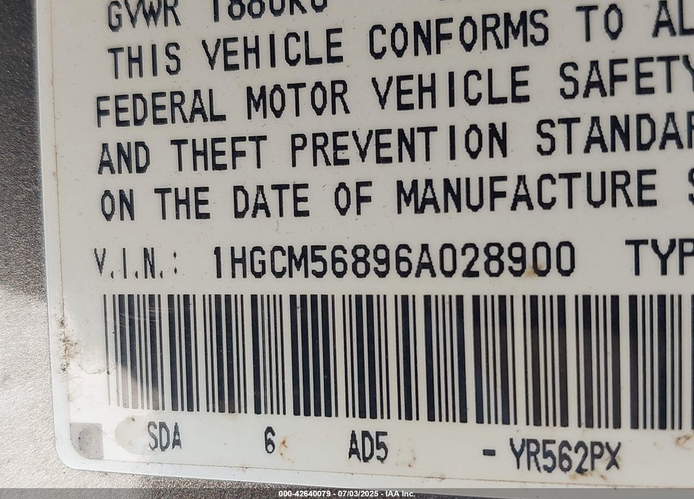 2006 HONDA ACCORD 2.4 EX VIN: 1HGCM56896A028900