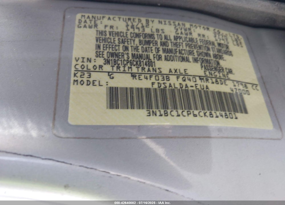 2012 NISSAN VERSA VIN: 3N1BC1CP6CK814801
