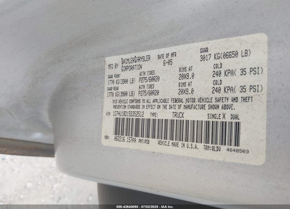 2005 DODGE RAM 1500 SLT/LARAMIE VIN: 1D7HU18D15S352512