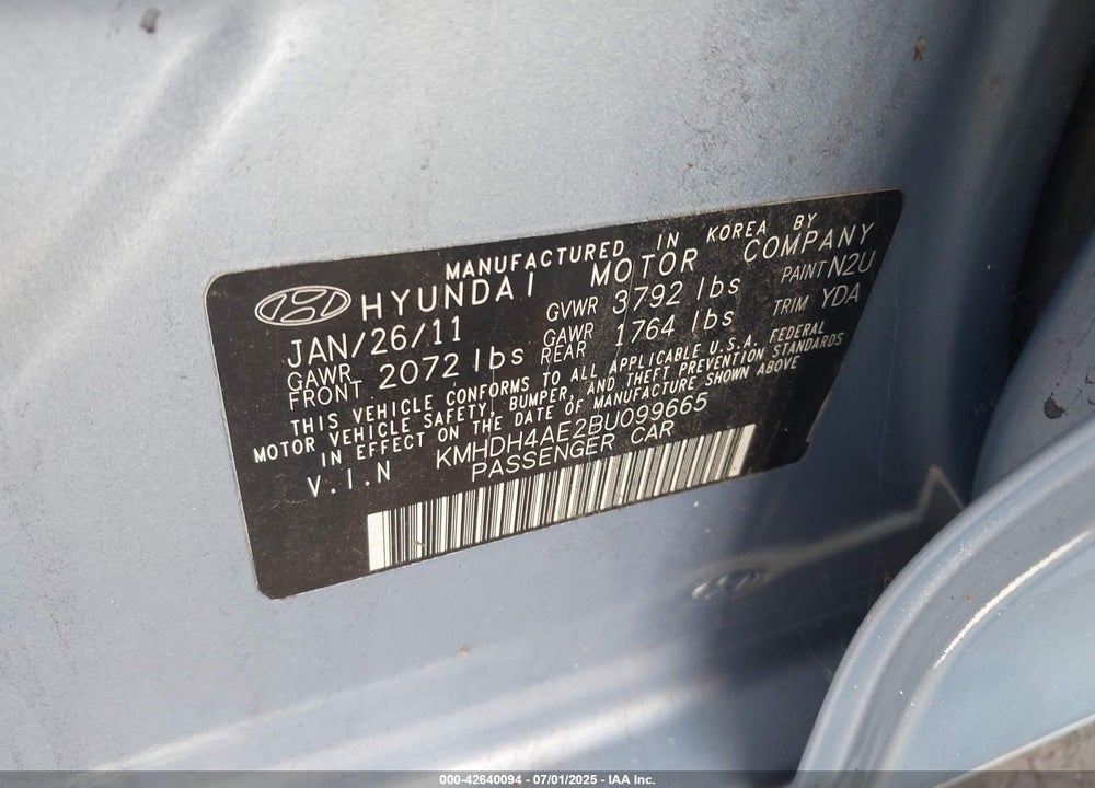 2011 HYUNDAI ELANTRA GLS (ULSAN PLANT) VIN: KMHDH4AE2BU099665