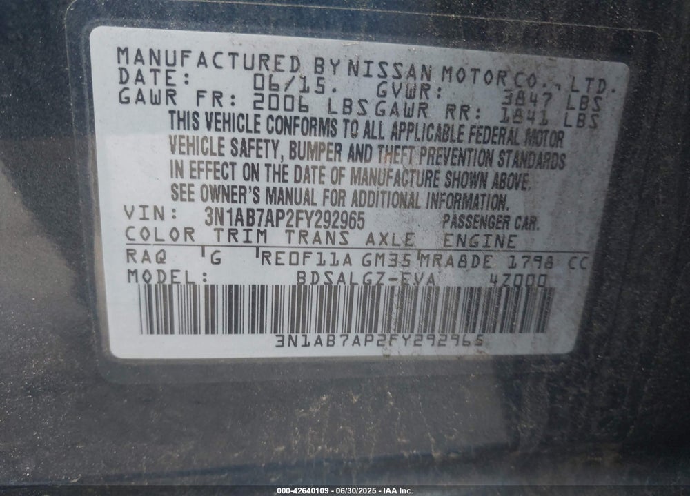 2015 NISSAN SENTRA VIN: 3N1AB7AP2FY292965