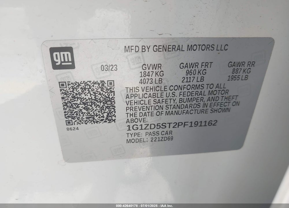 2023 CHEVROLET MALIBU VIN: 1G1ZD5ST2PF191162
