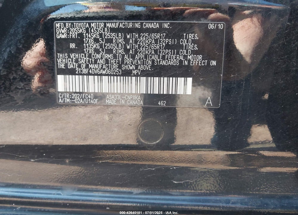 2010 TOYOTA RAV4 VIN: 2T3BF4DV6AW060253