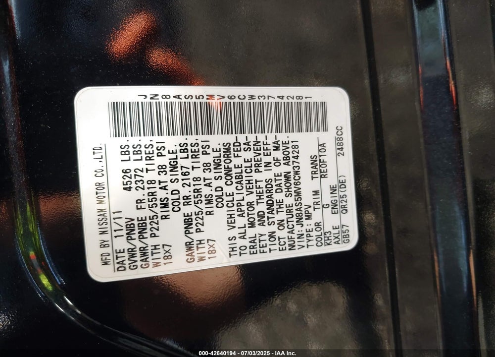2012 NISSAN ROGUE VIN: JN8AS5MV6CW374281