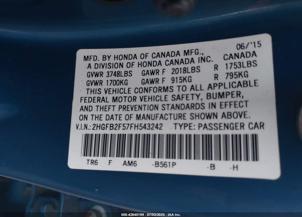 2015 HONDA CIVIC SEDAN VIN: 2HGFB2F57FH543242