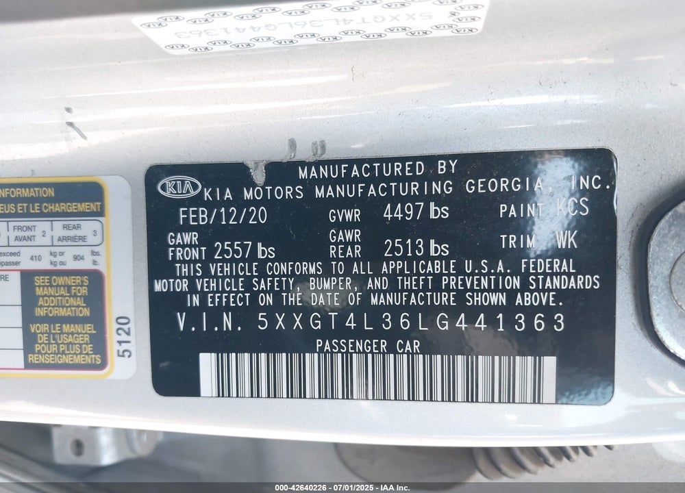 2020 KIA OPTIMA VIN: 5XXGT4L36LG441363