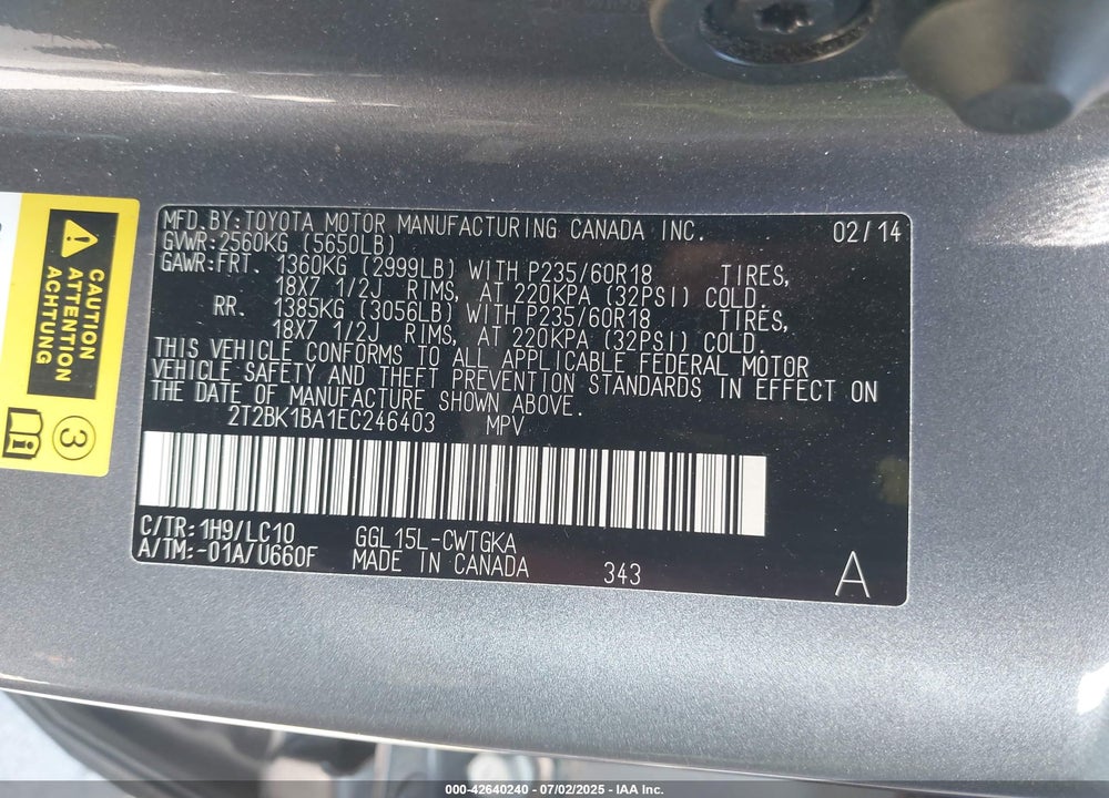 2014 LEXUS RX350 VIN: 2T2BK1BA1EC246403