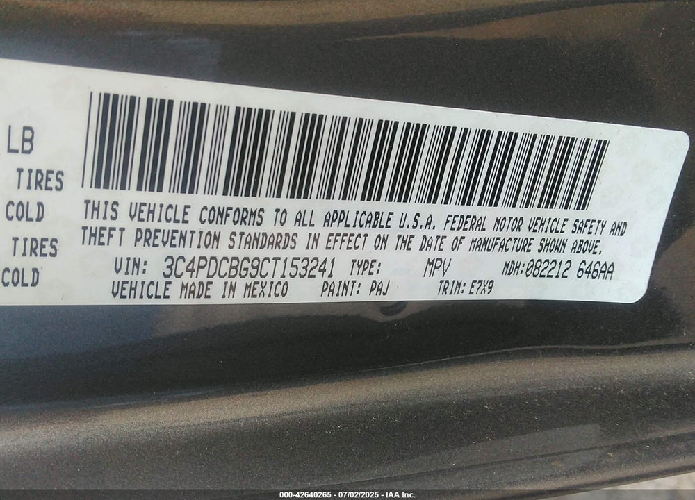 2012 DODGE JOURNEY VIN: 3C4PDCBG9CT153241