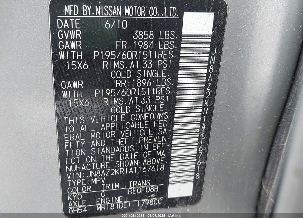 2010 NISSAN CUBE VIN: JN8AZ2KR1AT167618