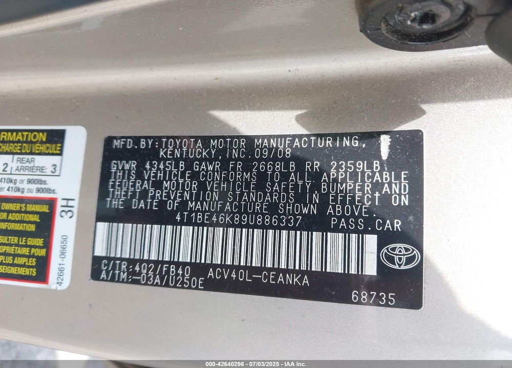 2009 TOYOTA CAMRY VIN: 4T1BE46K89U886337
