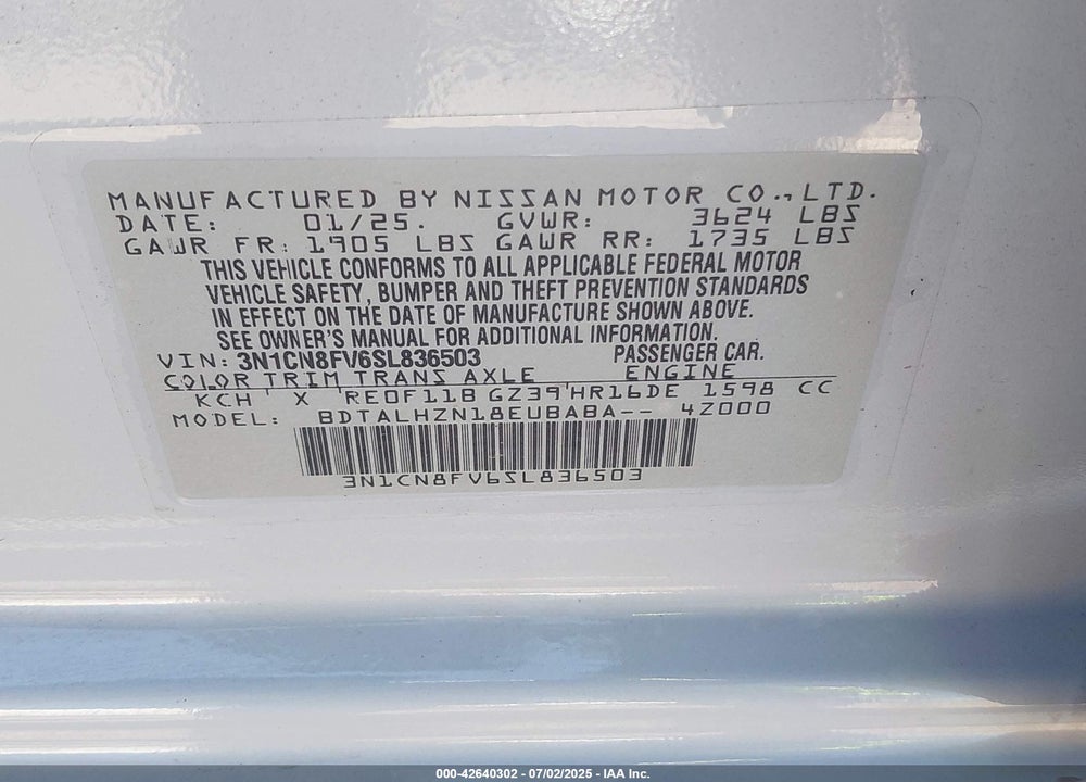 2025 NISSAN VERSA 1.6 SR VIN: 3N1CN8FV6SL836503