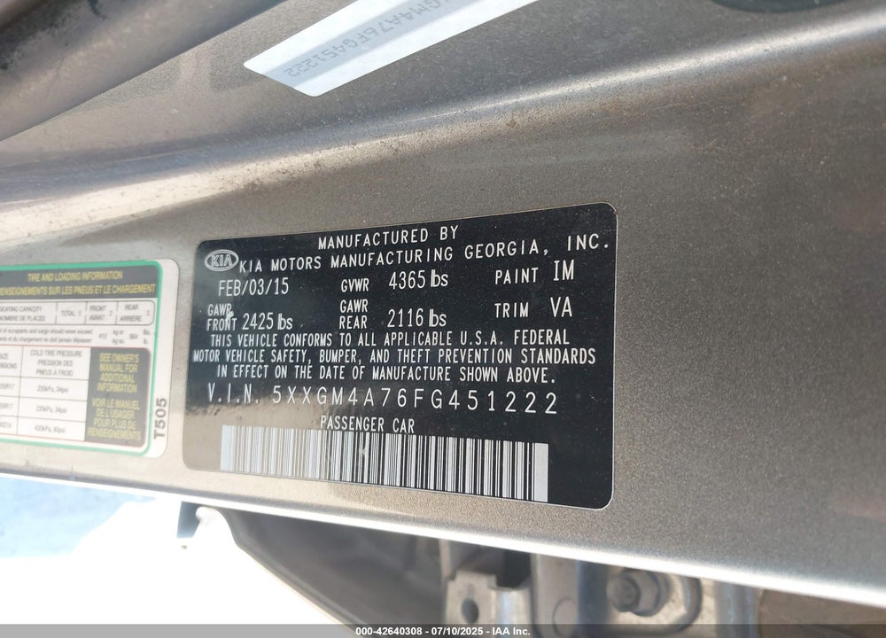 2015 KIA OPTIMA VIN: 5XXGM4A76FG451222