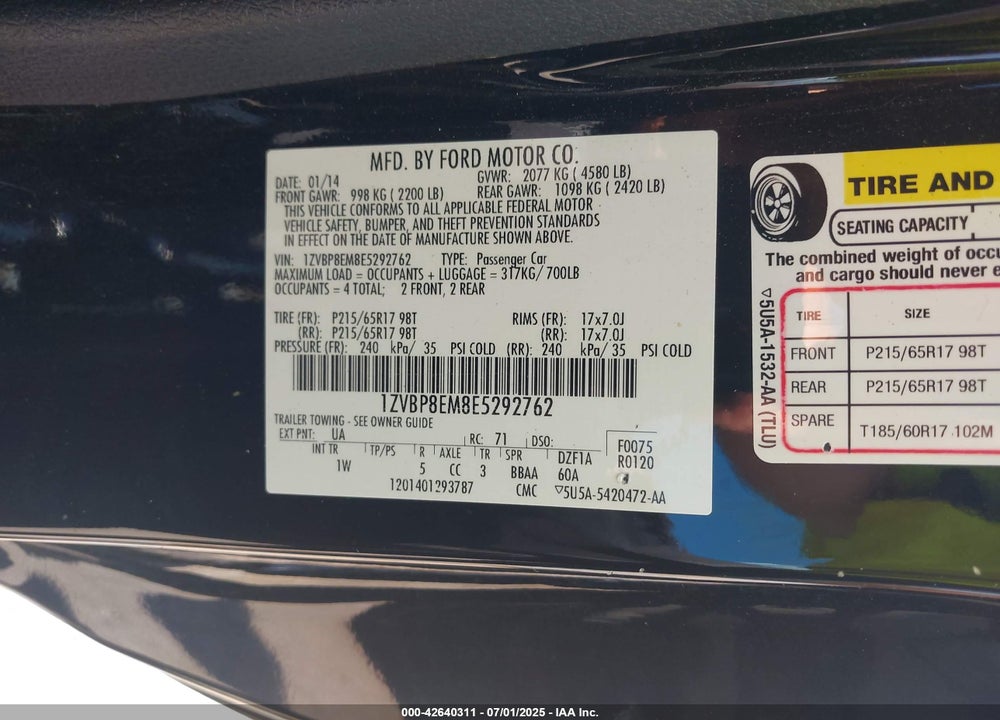 2014 FORD MUSTANG VIN: 1ZVBP8EM8E5292762